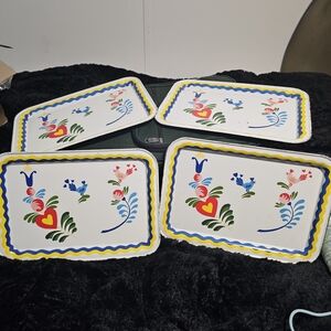 1960s Colorful Pennsylvania Dutch Style Folk Art Tin Metal Serving Trays.